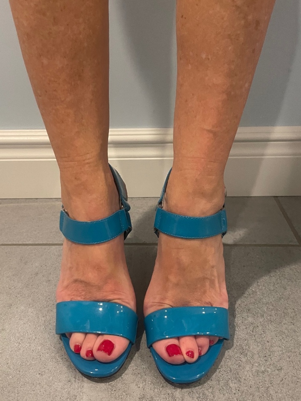 Worn 1X KARL LAGERFELD Aqua Patent High Heel Sandals